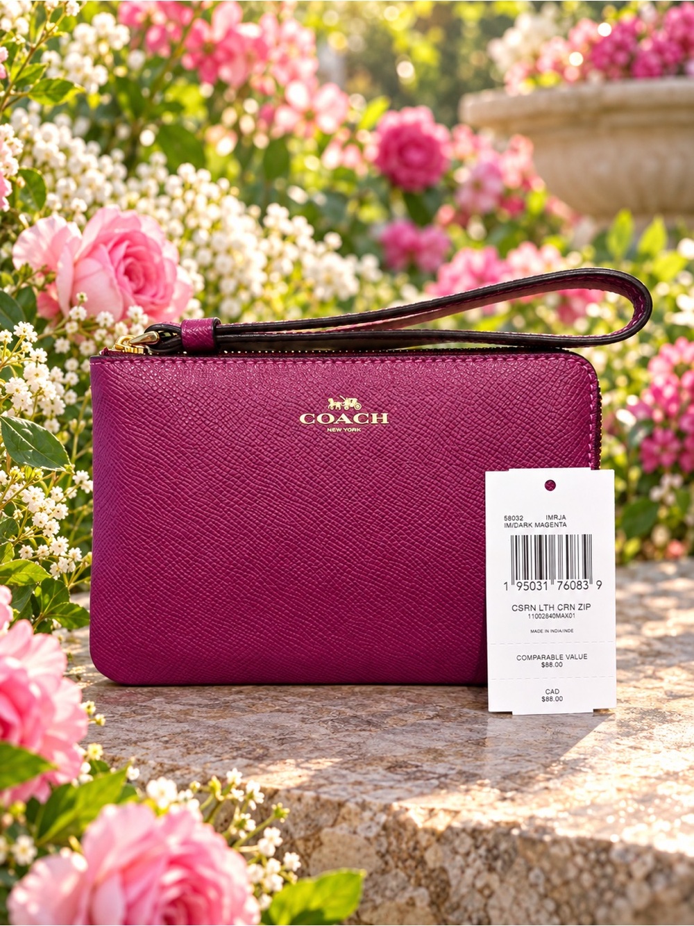 Coach Dark Magenta Crossgrain Leather Corner Zip Wristlet NWT